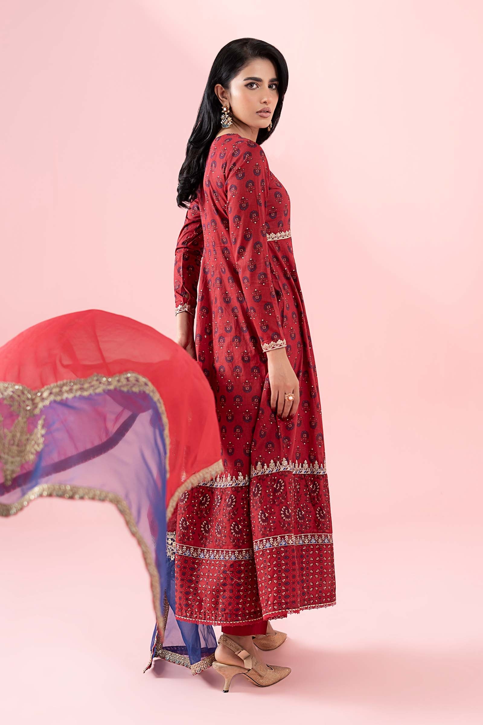 Pakistani Red Embroidered Lawn Angrakha Dress (3-Piece) - Image 9