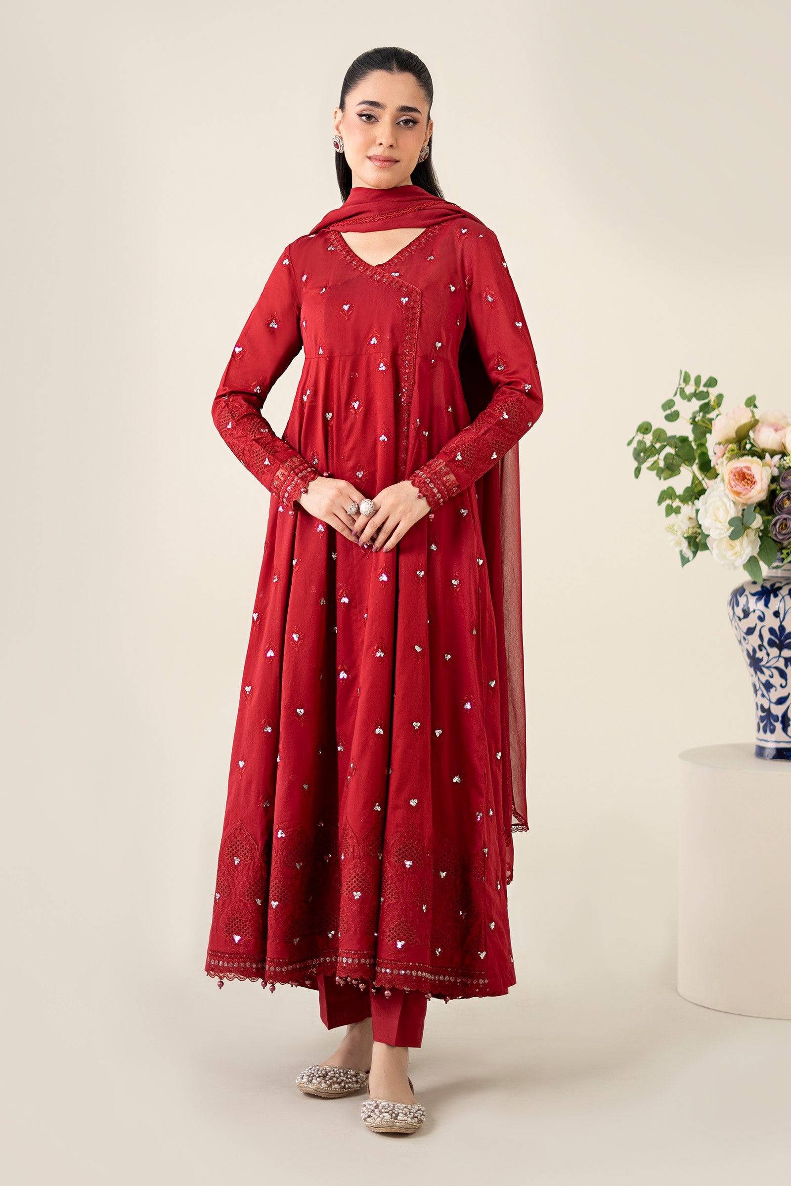 Pakistani Red Embroidered Lawn Angrakha 3-Piece Suit - Image 1