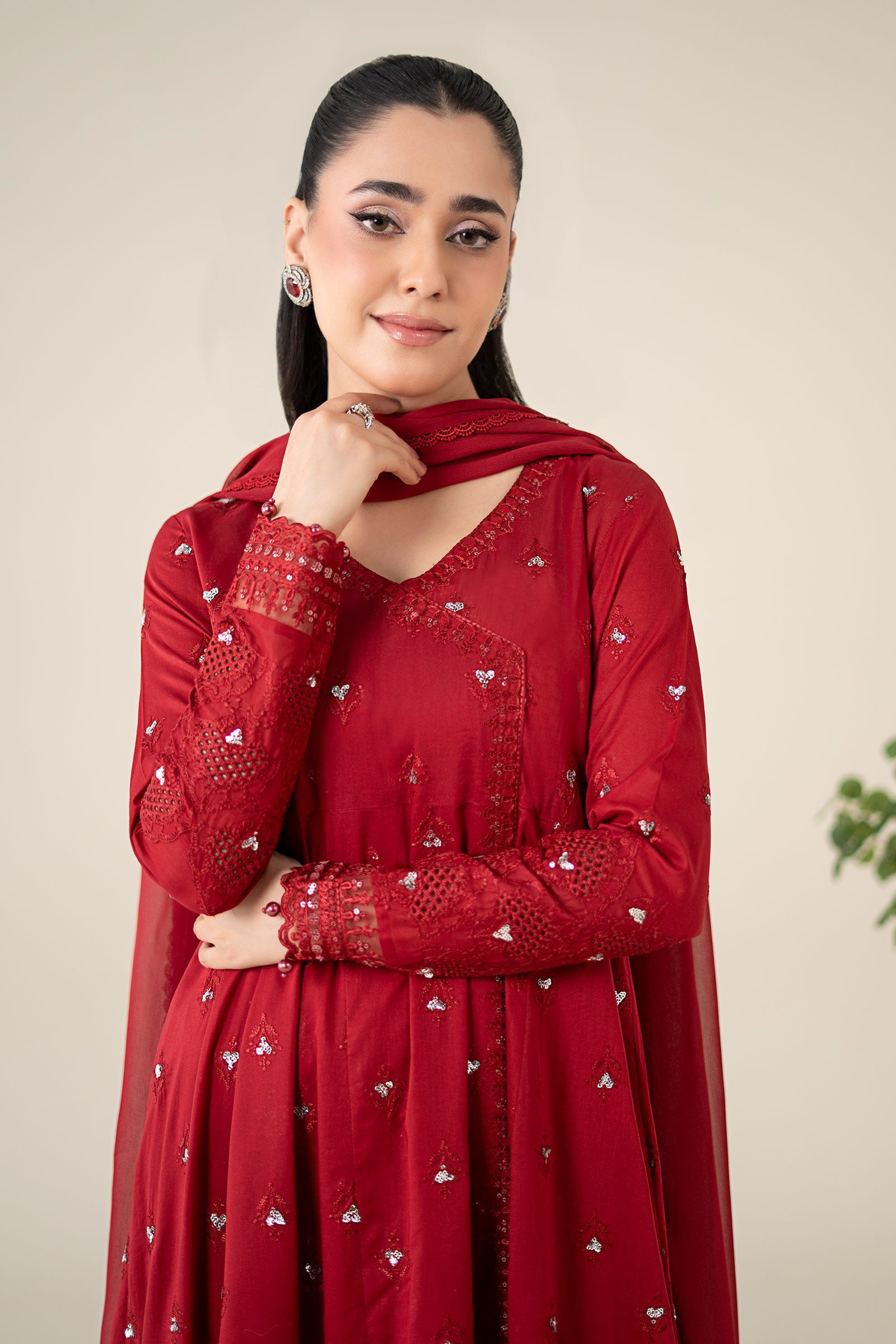 Pakistani Red Embroidered Lawn Angrakha 3-Piece Suit - Image 2