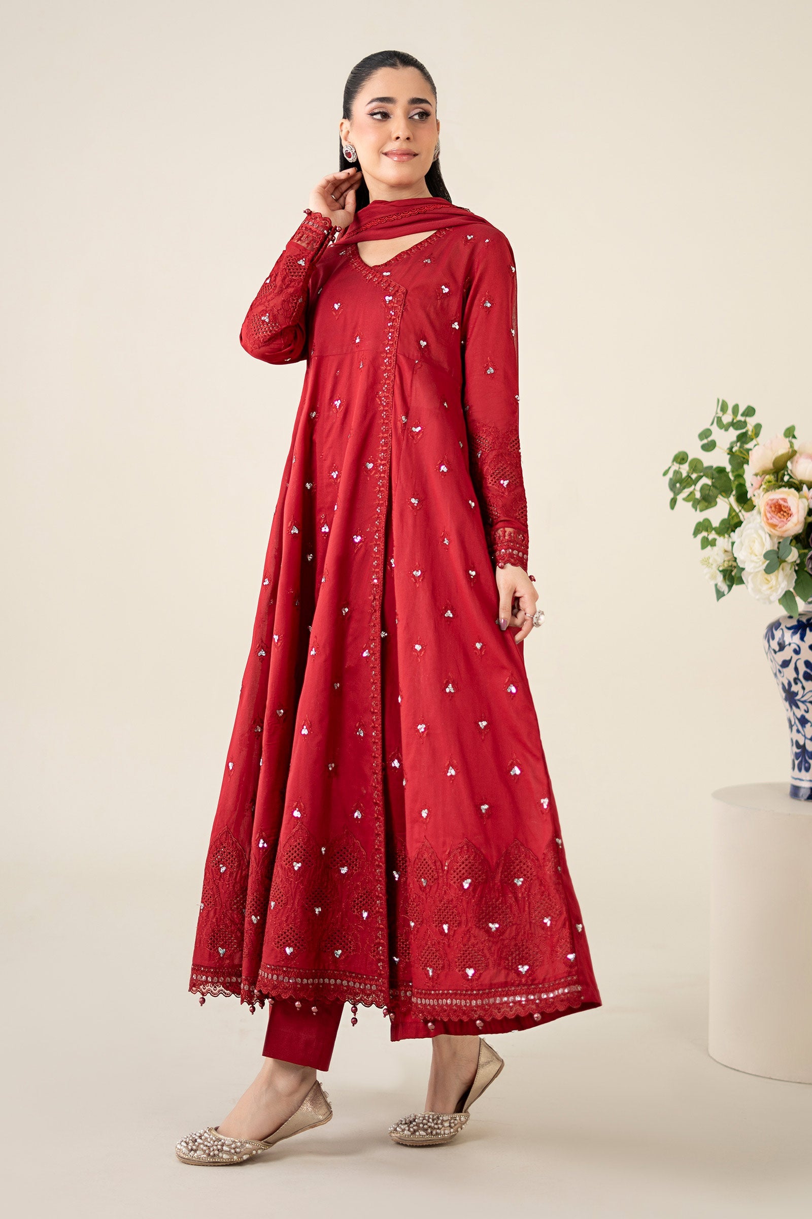 Pakistani Red Embroidered Lawn Angrakha 3-Piece Suit - Image 3