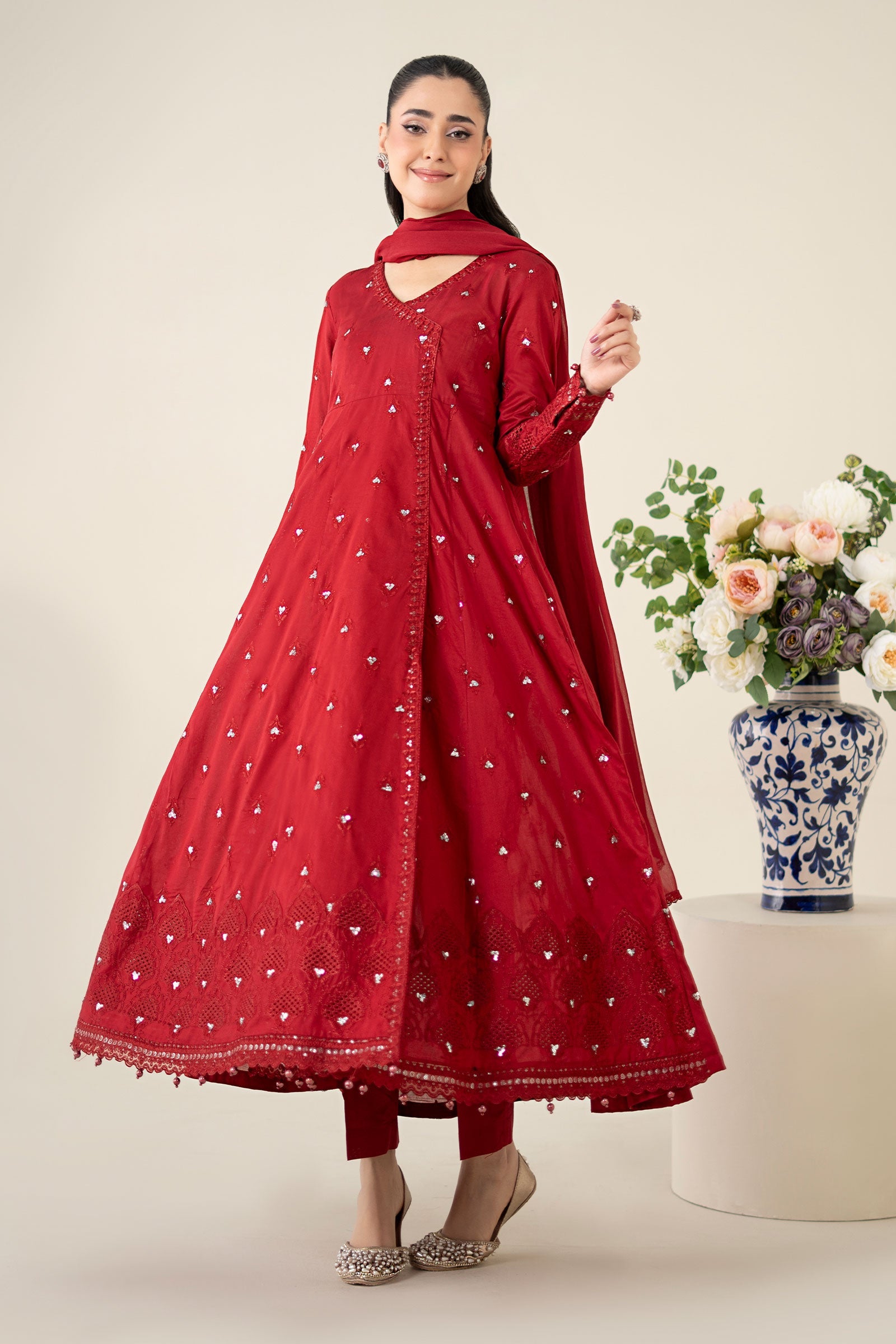 Pakistani Red Embroidered Lawn Angrakha 3-Piece Suit - Image 4