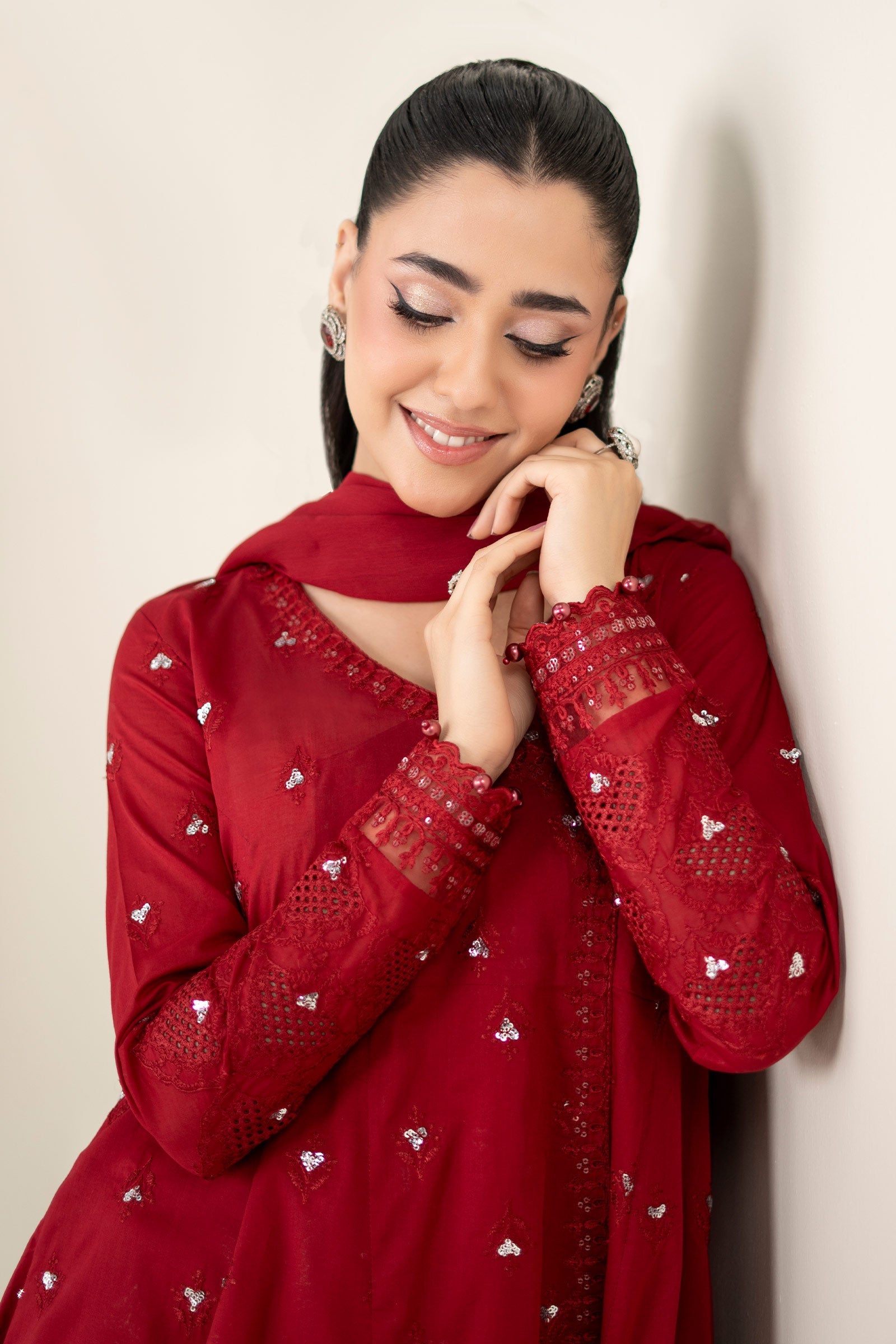Pakistani Red Embroidered Lawn Angrakha 3-Piece Suit - Image 5