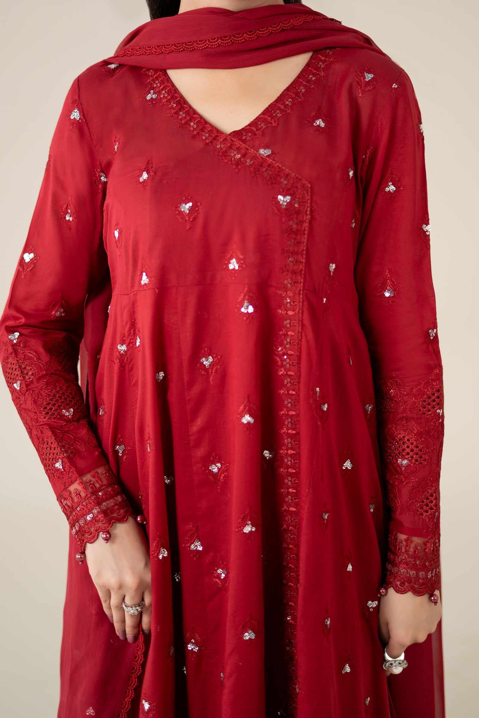 Pakistani Red Embroidered Lawn Angrakha 3-Piece Suit - Image 6