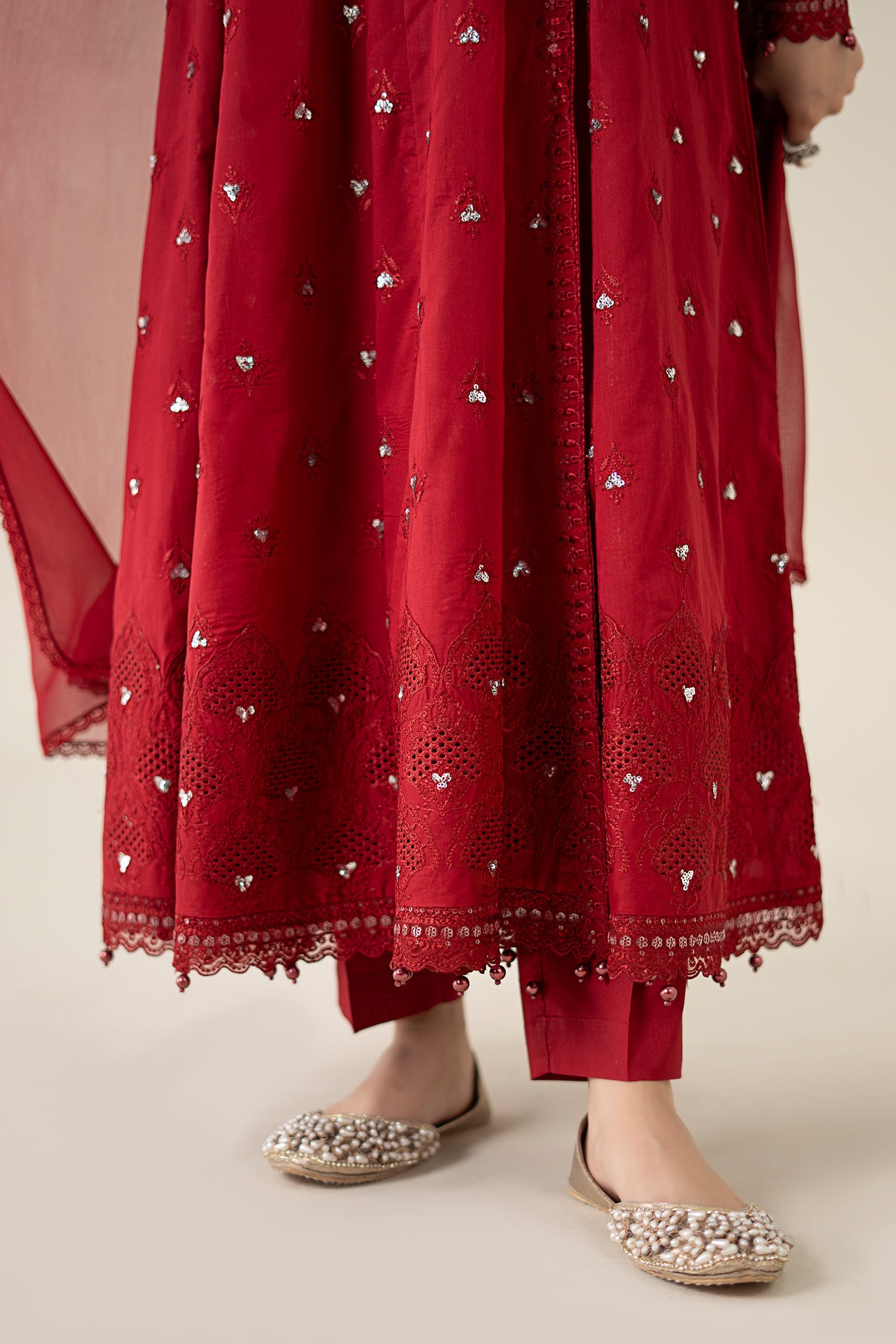 Pakistani Red Embroidered Lawn Angrakha 3-Piece Suit - Image 7