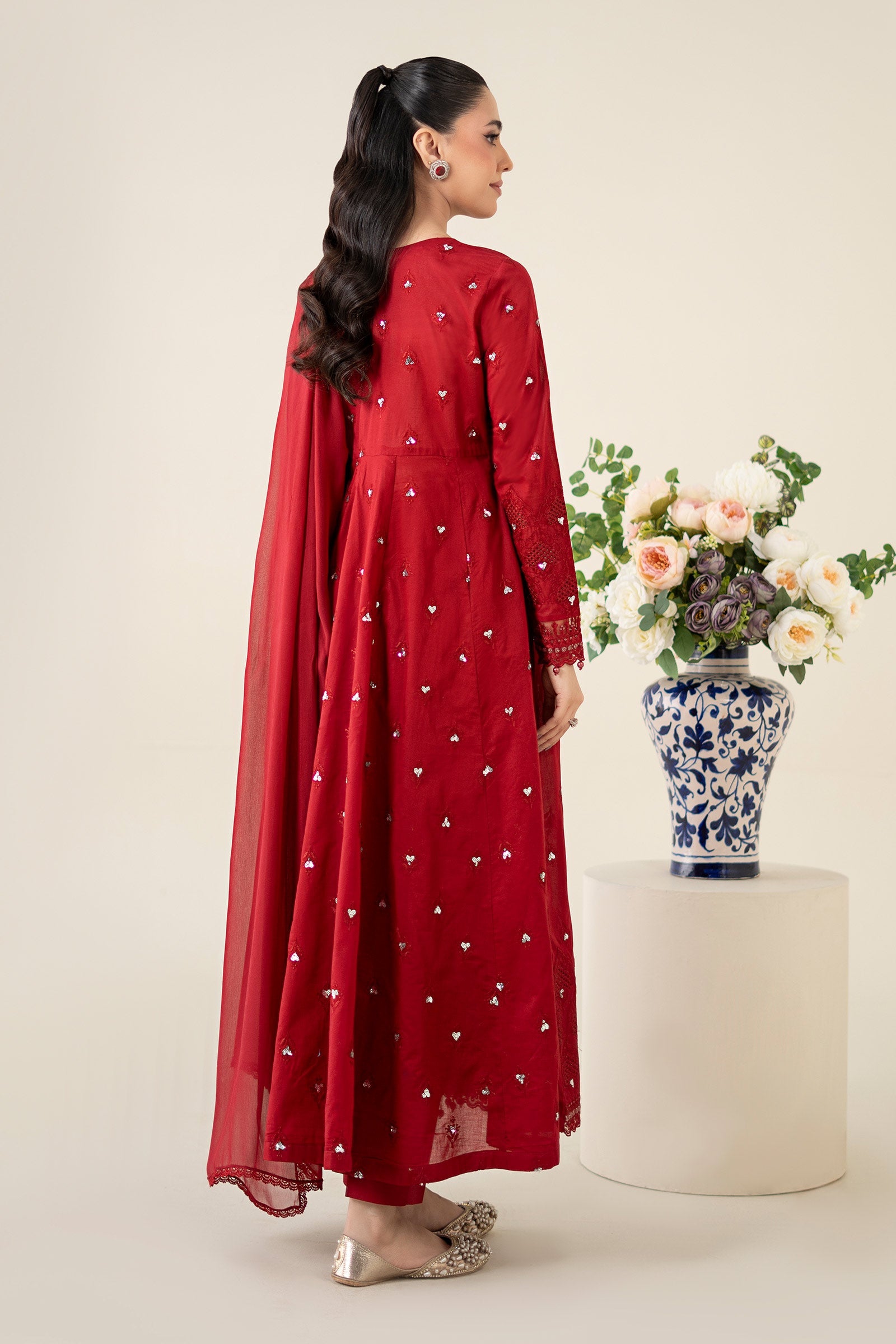 Pakistani Red Embroidered Lawn Angrakha 3-Piece Suit - Image 8