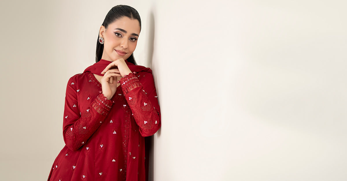 Pakistani Red Embroidered Lawn Angrakha 3-Piece Suit - Image 9