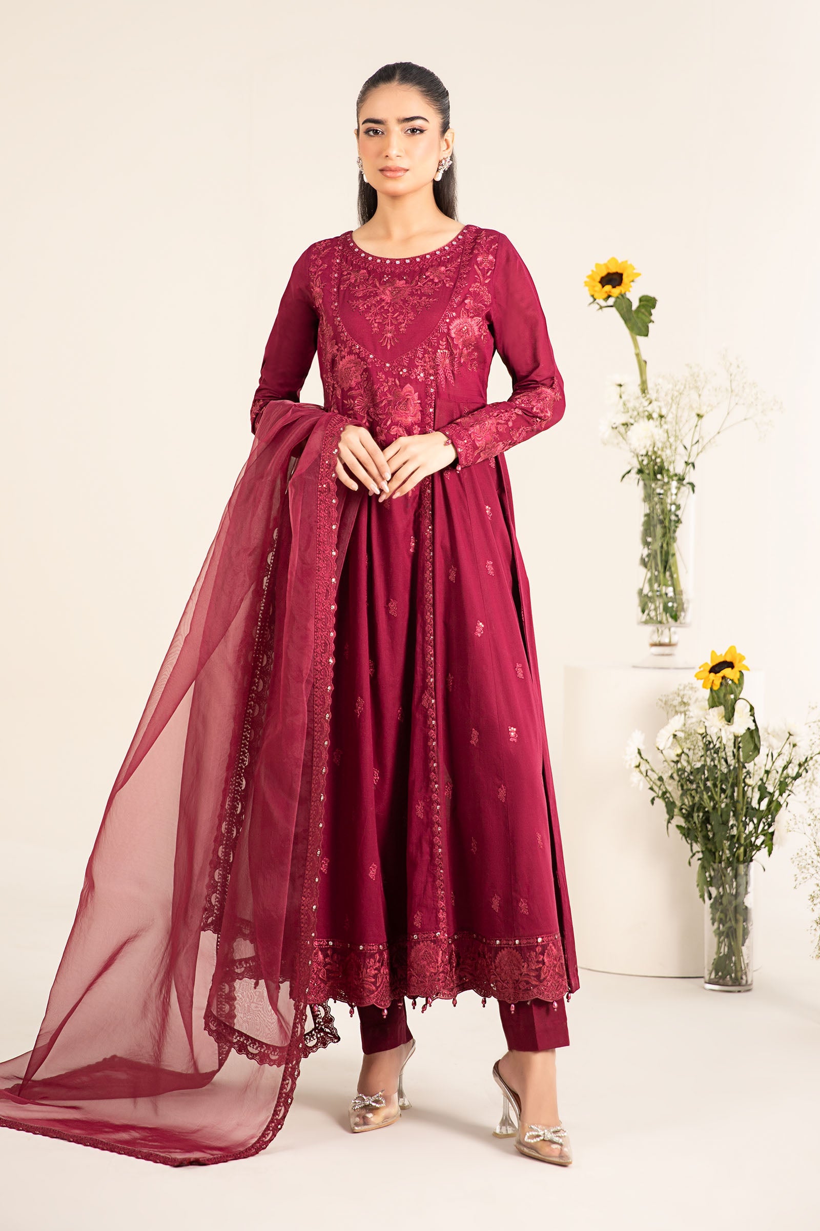 Red Embroidered Lawn Angrakha 3-Piece Suit - Image 1