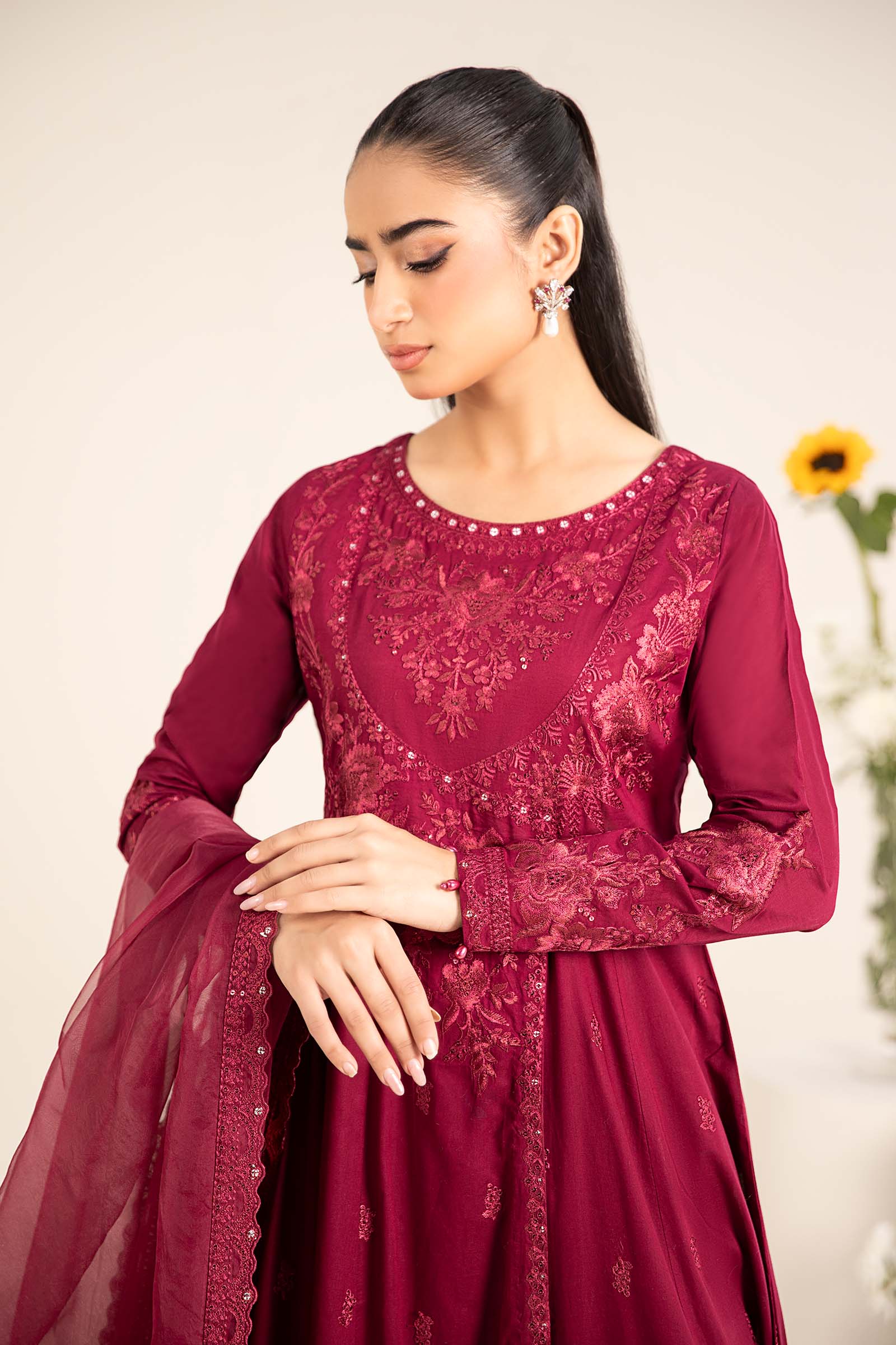 Red Embroidered Lawn Angrakha 3-Piece Suit - Image 2