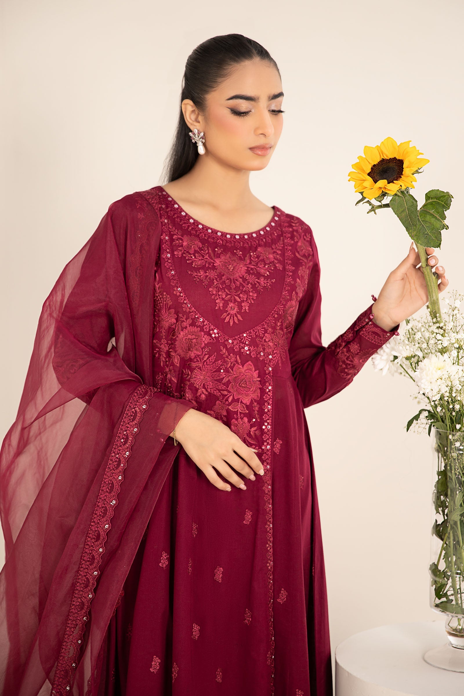 Red Embroidered Lawn Angrakha 3-Piece Suit - Image 3