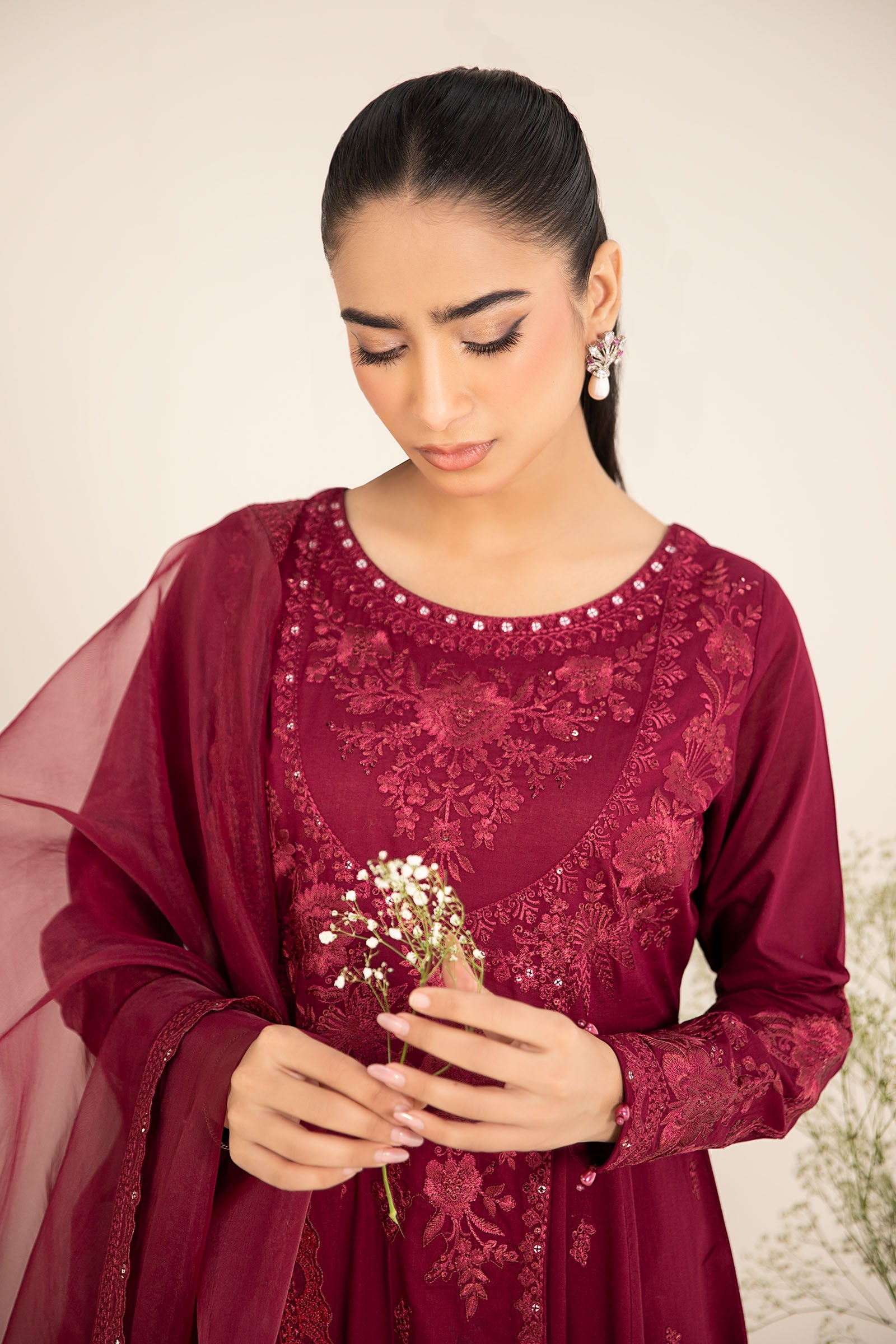 Red Embroidered Lawn Angrakha 3-Piece Suit - Image 4