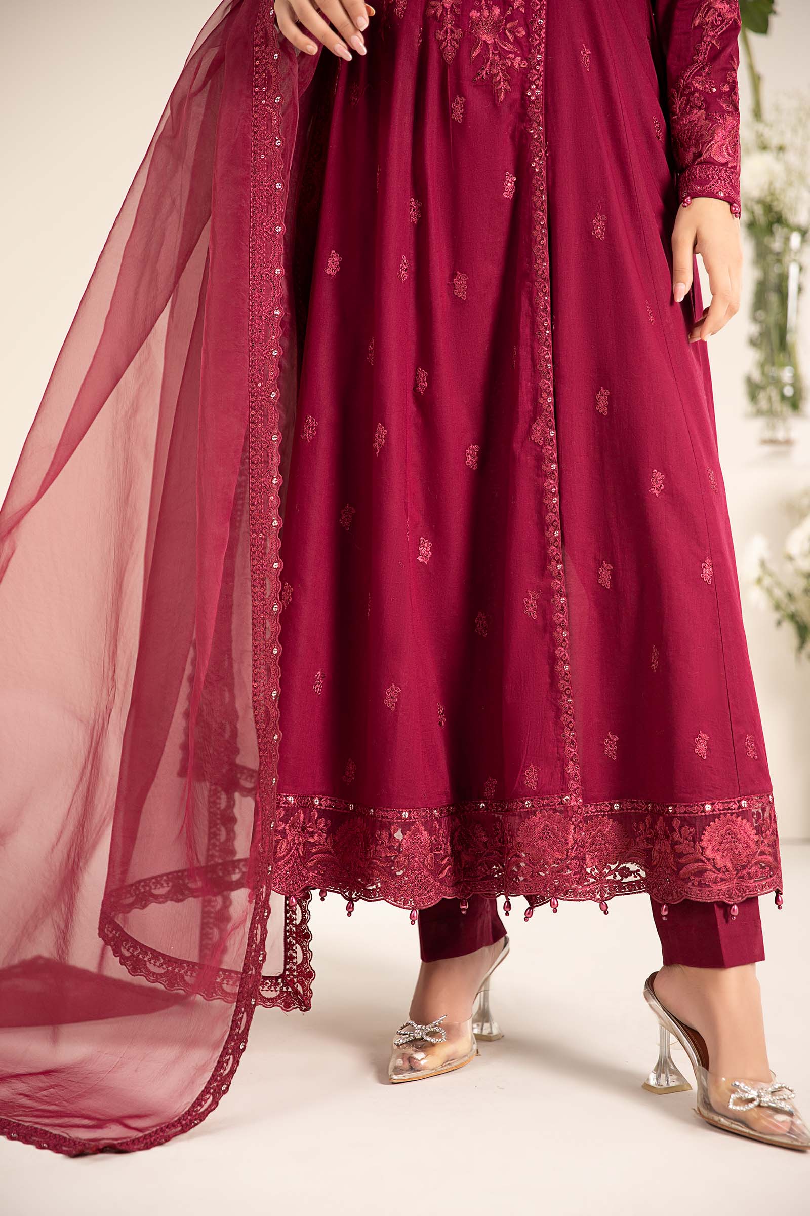 Red Embroidered Lawn Angrakha 3-Piece Suit - Image 5