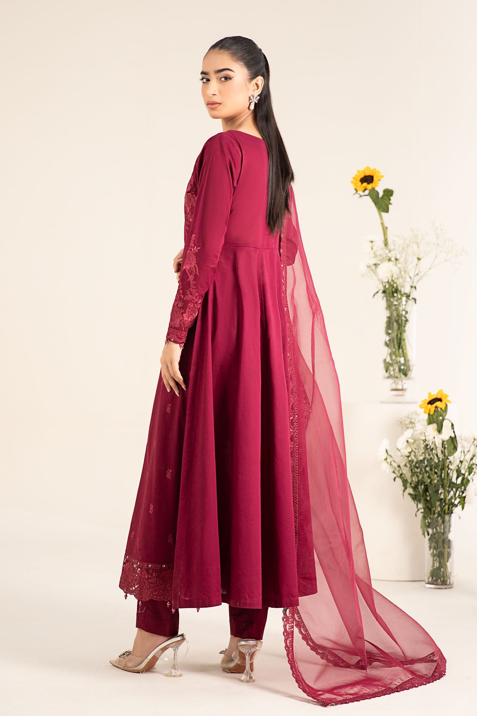 Red Embroidered Lawn Angrakha 3-Piece Suit - Image 7