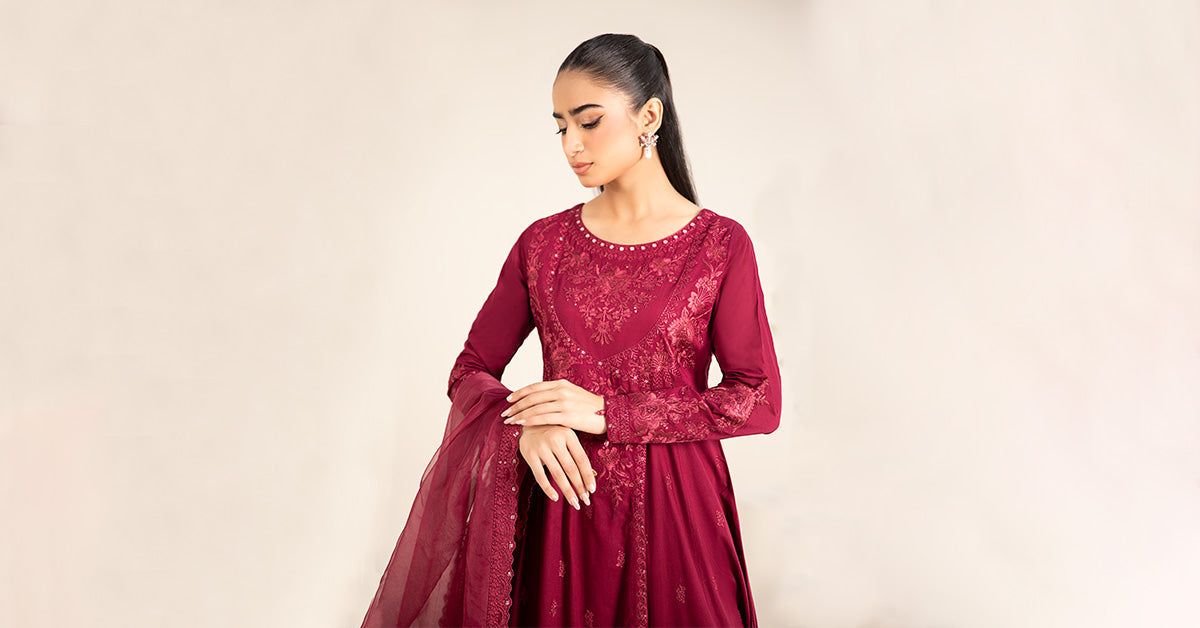 Red Embroidered Lawn Angrakha 3-Piece Suit - Image 8