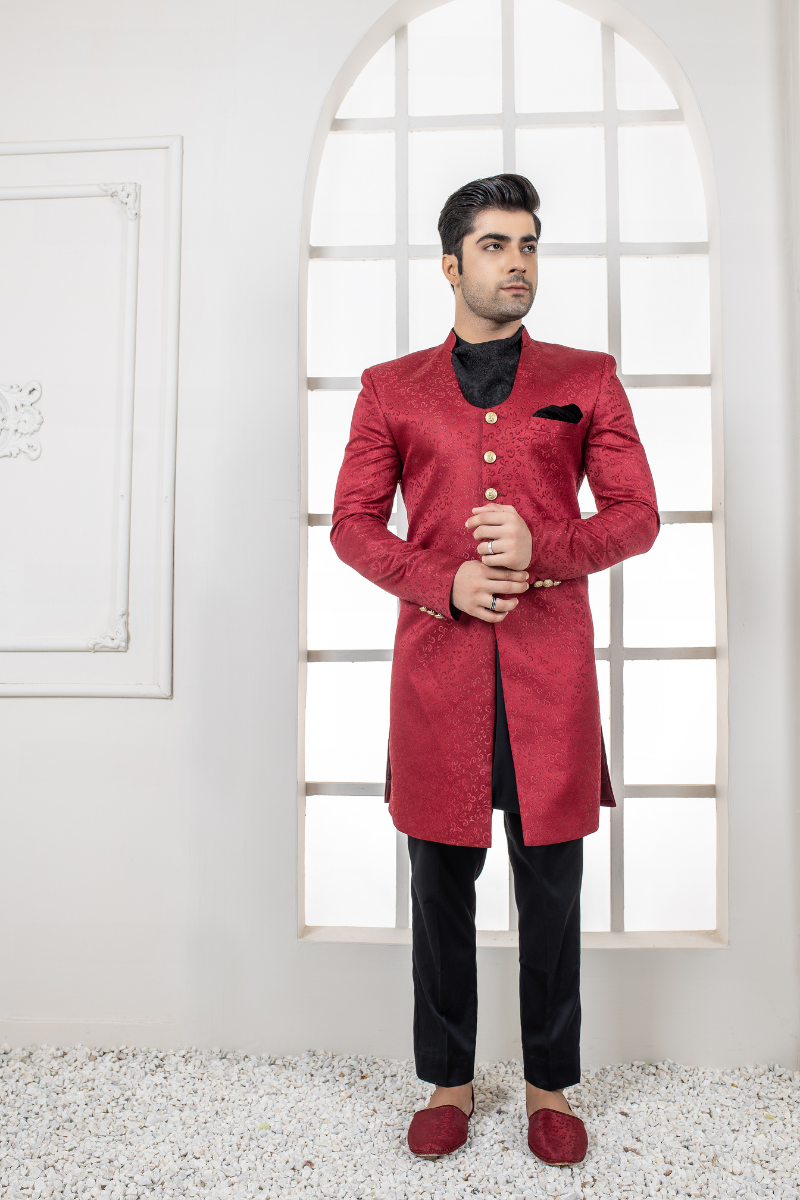 Red Jacquard Self-Pattern Sherwani (3-Piece) - Image 1