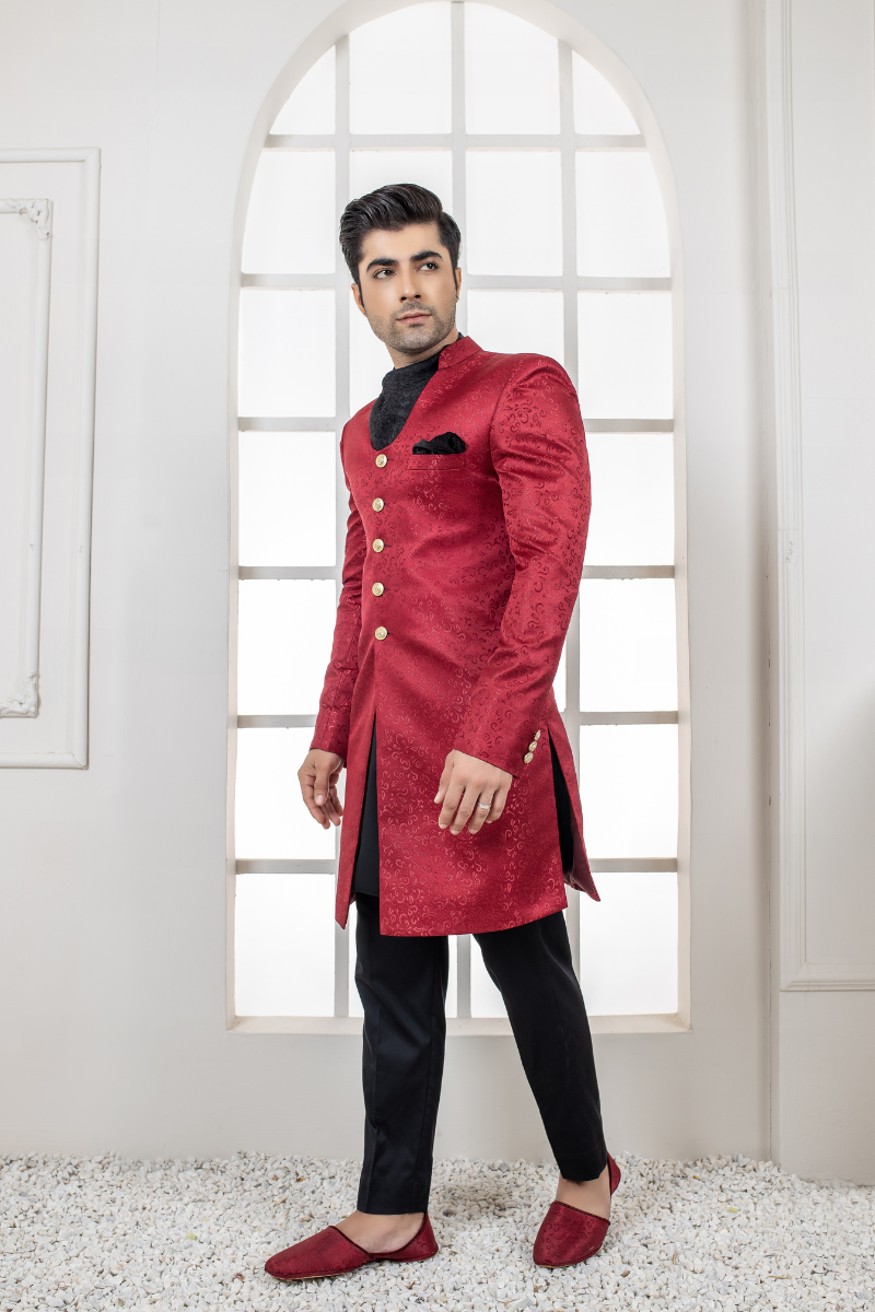 Red Jacquard Self-Pattern Sherwani (3-Piece) - Image 2