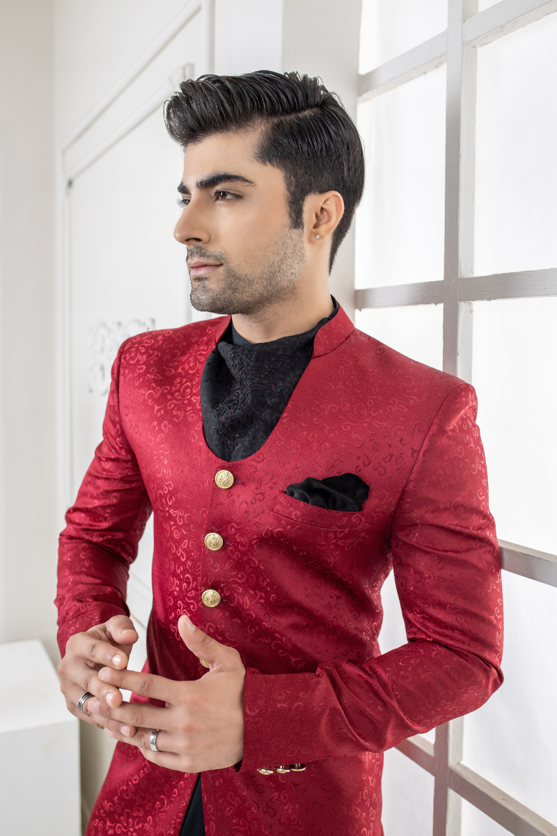 Red Jacquard Self-Pattern Sherwani (3-Piece) - Image 3