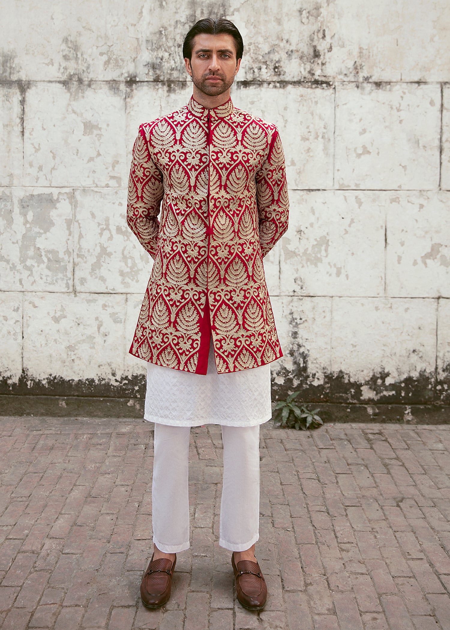 Red Embroidered Raw Silk Short Sherwani (3-Piece) - Image 1
