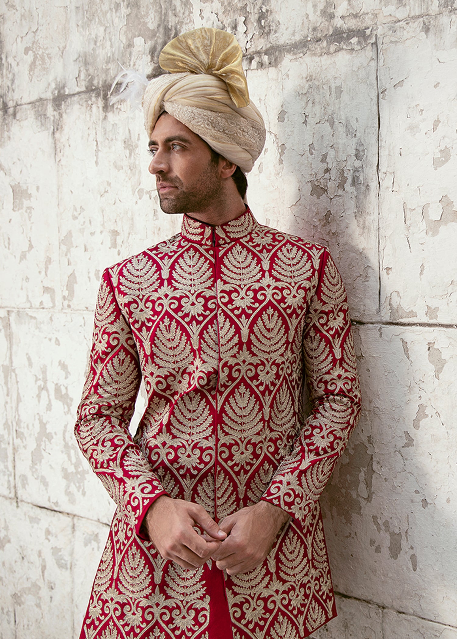 Red Embroidered Raw Silk Short Sherwani (3-Piece) - Image 2