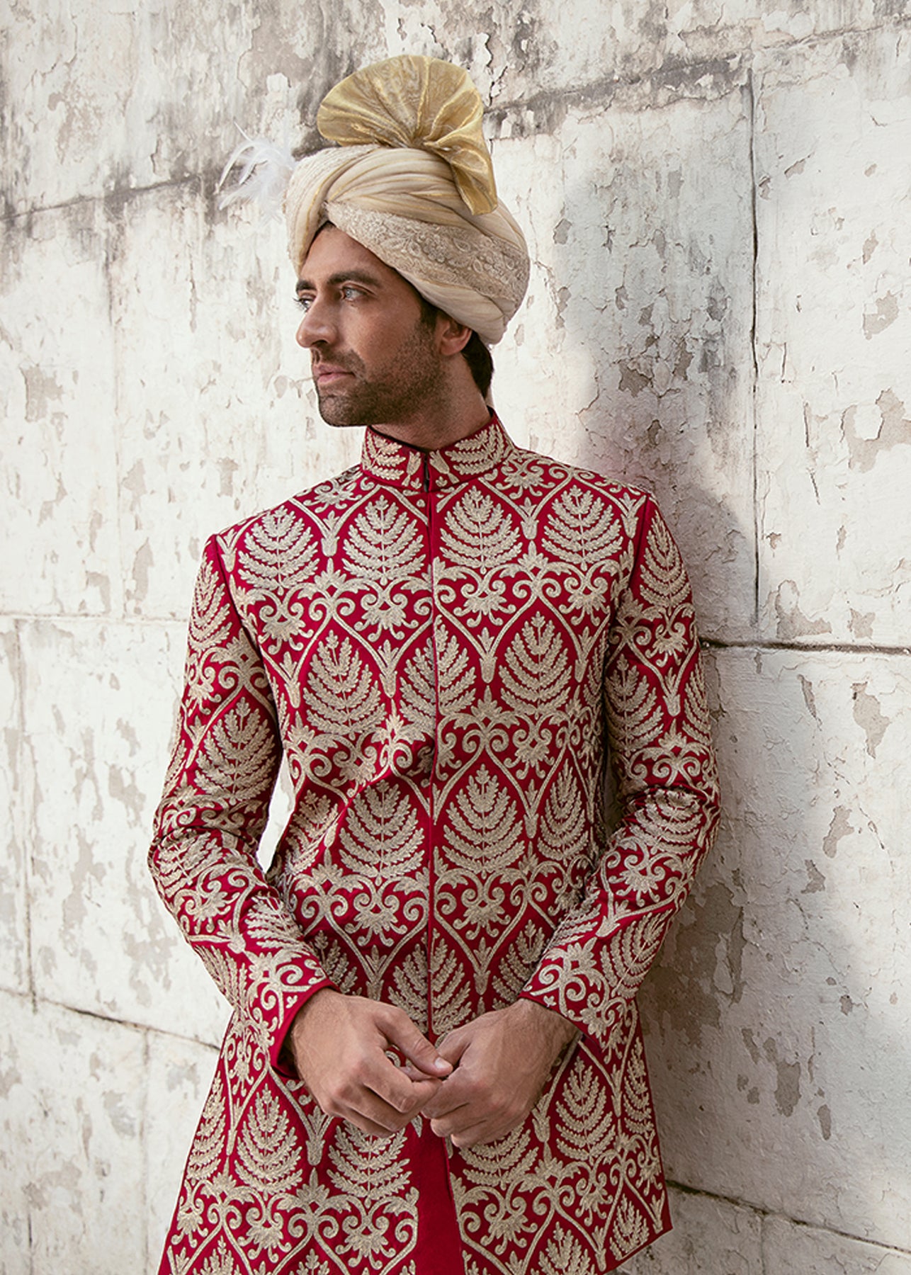 Red Embroidered Raw Silk Short Sherwani (3-Piece) - Image 3