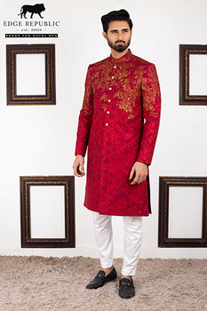 Deep Red Embroidered Silk-Blend Sherwani (2-Piece) - Image 1