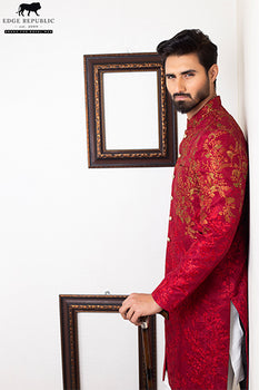 Deep Red Embroidered Silk-Blend Sherwani (2-Piece) - Image 2