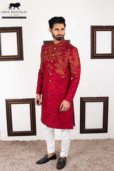 Deep Red Embroidered Silk-Blend Sherwani (2-Piece) - Image 3