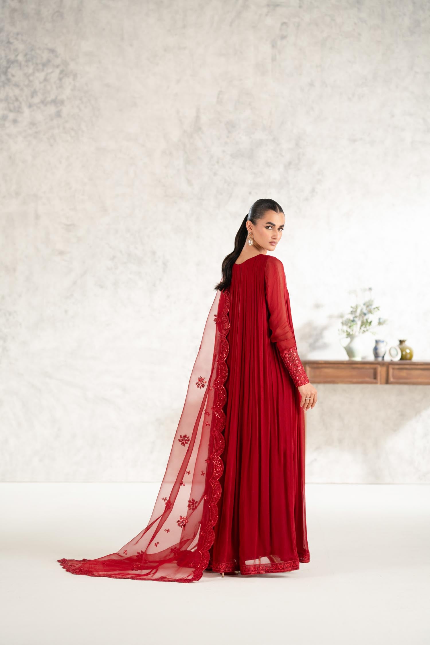 Deep Red Embroidered Chiffon Anarkali Dress (2-Piece) - Image 2