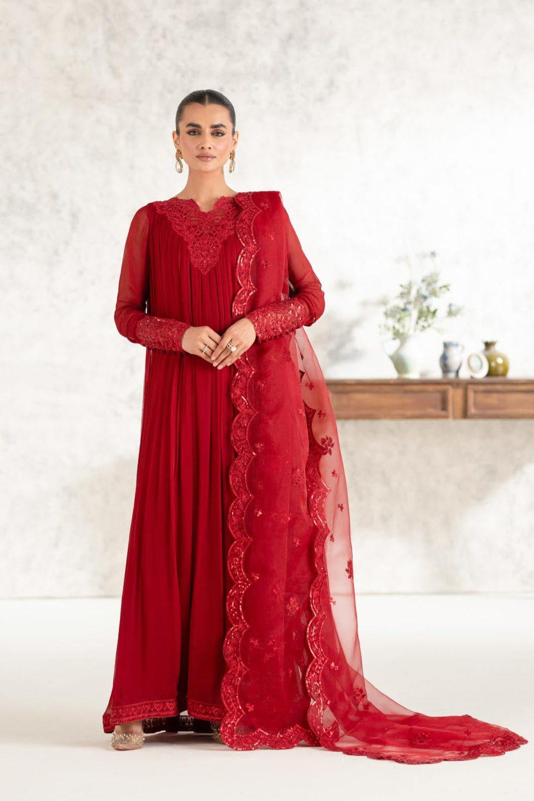 Deep Red Embroidered Chiffon Anarkali Dress (2-Piece) - Image 3