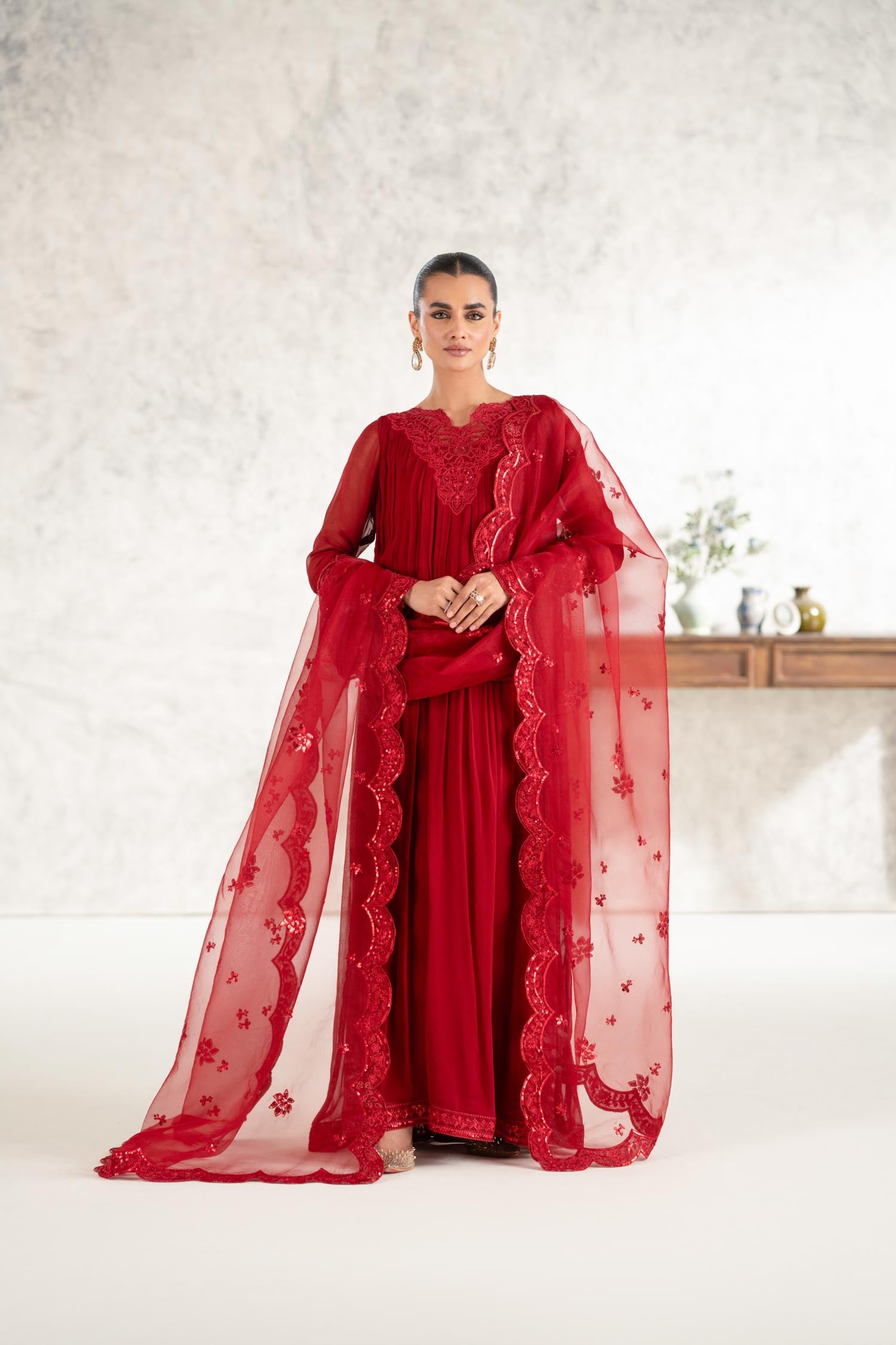 Deep Red Embroidered Chiffon Anarkali Dress (2-Piece) - Image 4