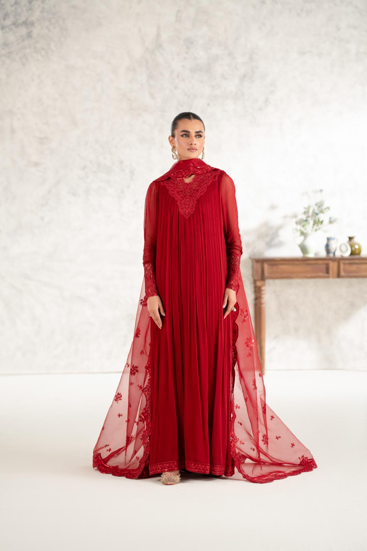 Deep Red Embroidered Chiffon Anarkali Dress (2-Piece) - Image 5