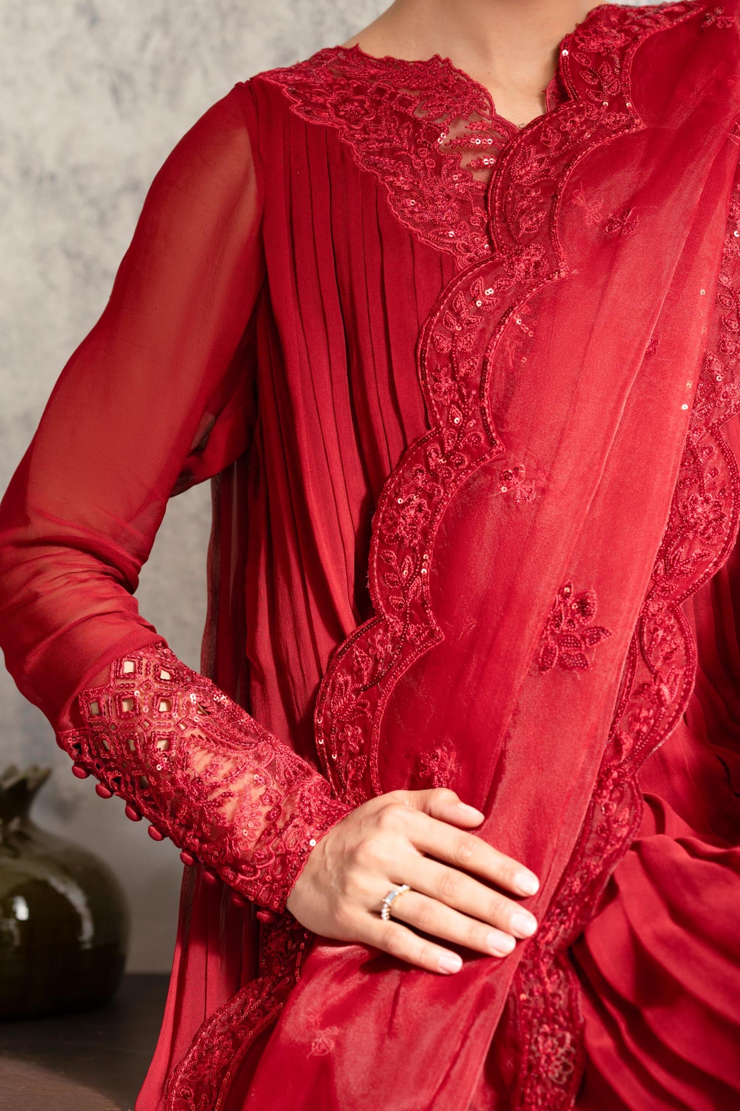 Deep Red Embroidered Chiffon Anarkali Dress (2-Piece) - Image 7