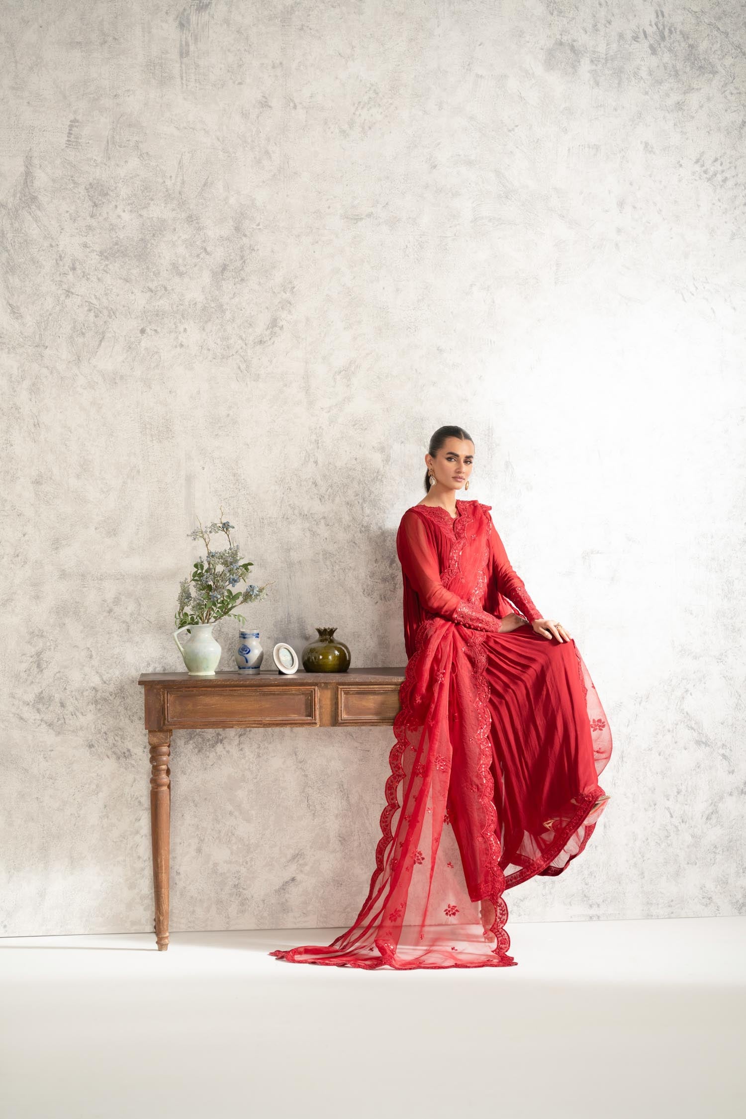 Deep Red Embroidered Chiffon Anarkali Dress (2-Piece) - Image 8