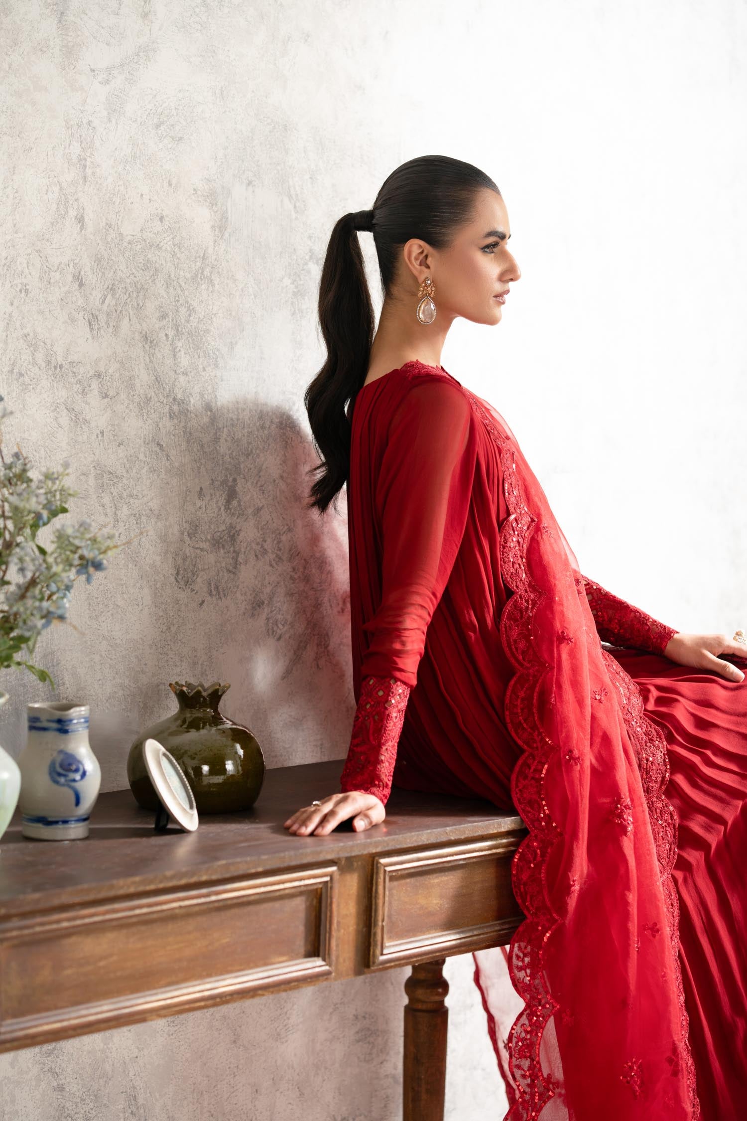 Deep Red Embroidered Chiffon Anarkali Dress (2-Piece) - Image 9