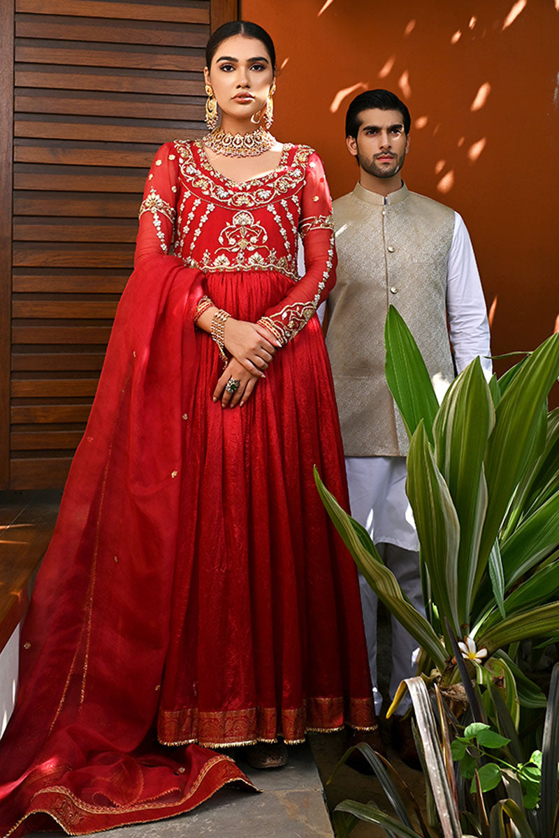 Scarlet Red Hand-Embellished Crush Silk Anarkali (2-Piece) - Image 1