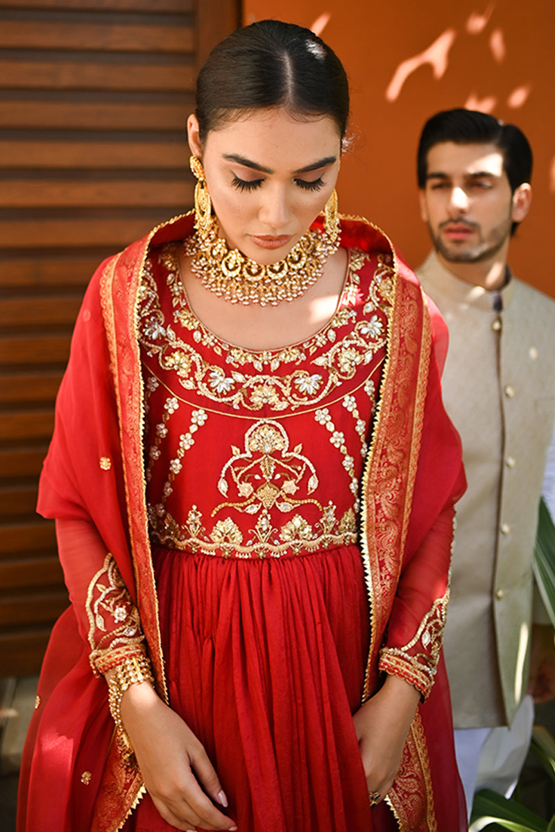 Scarlet Red Hand-Embellished Crush Silk Anarkali (2-Piece) - Image 2