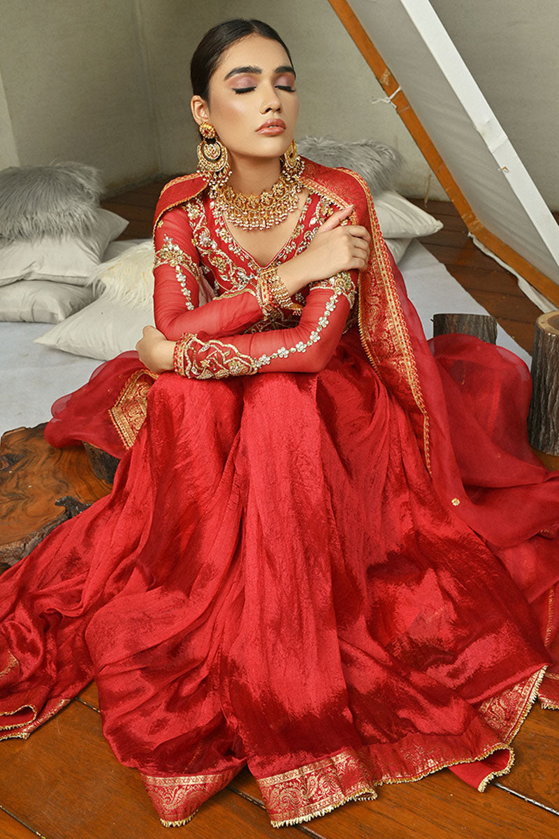 Scarlet Red Hand-Embellished Crush Silk Anarkali (2-Piece) - Image 4