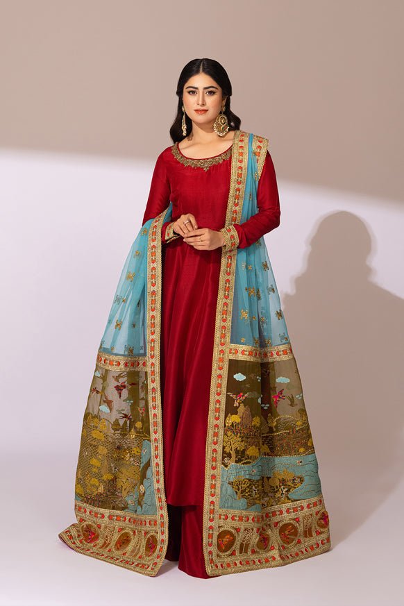 Crimson Embroidered Silk Anarkali Dress (3-Piece) - Image 1