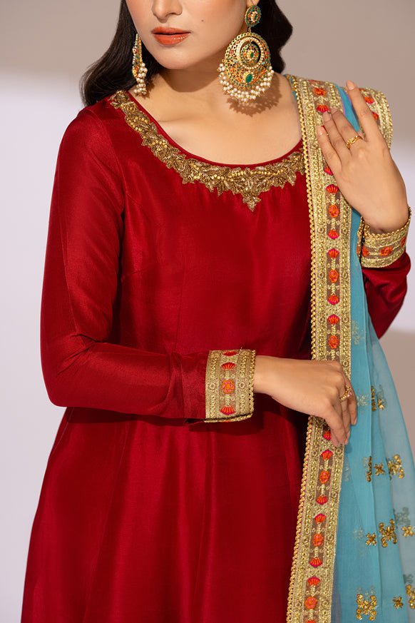 Crimson Embroidered Silk Anarkali Dress (3-Piece) - Image 3