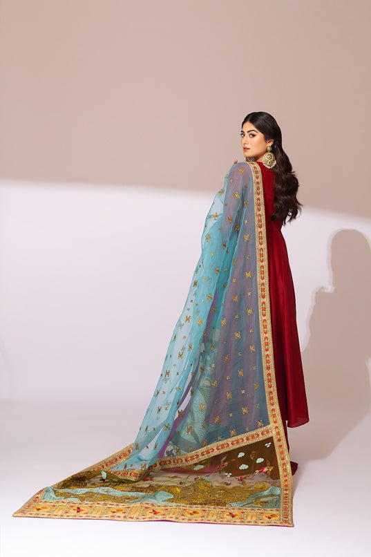 Crimson Embroidered Silk Anarkali Dress (3-Piece) - Image 6