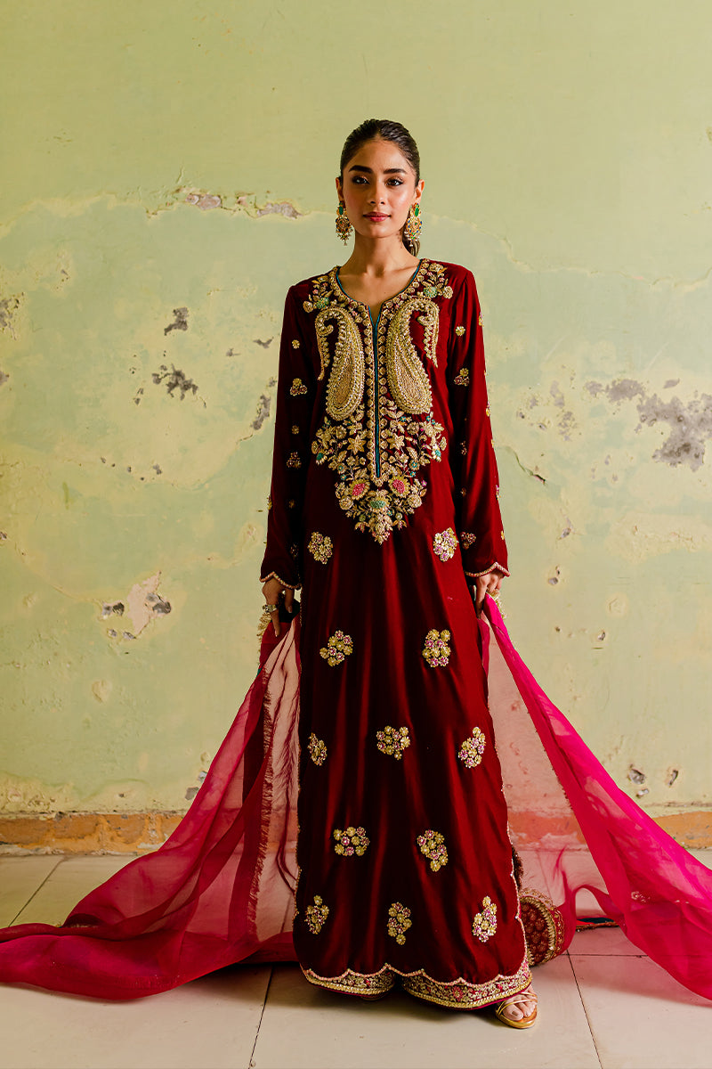 Pakistani Red Velvet Gota Dabka Embroidered Anarkali Dress (3-Piece) - Image 1