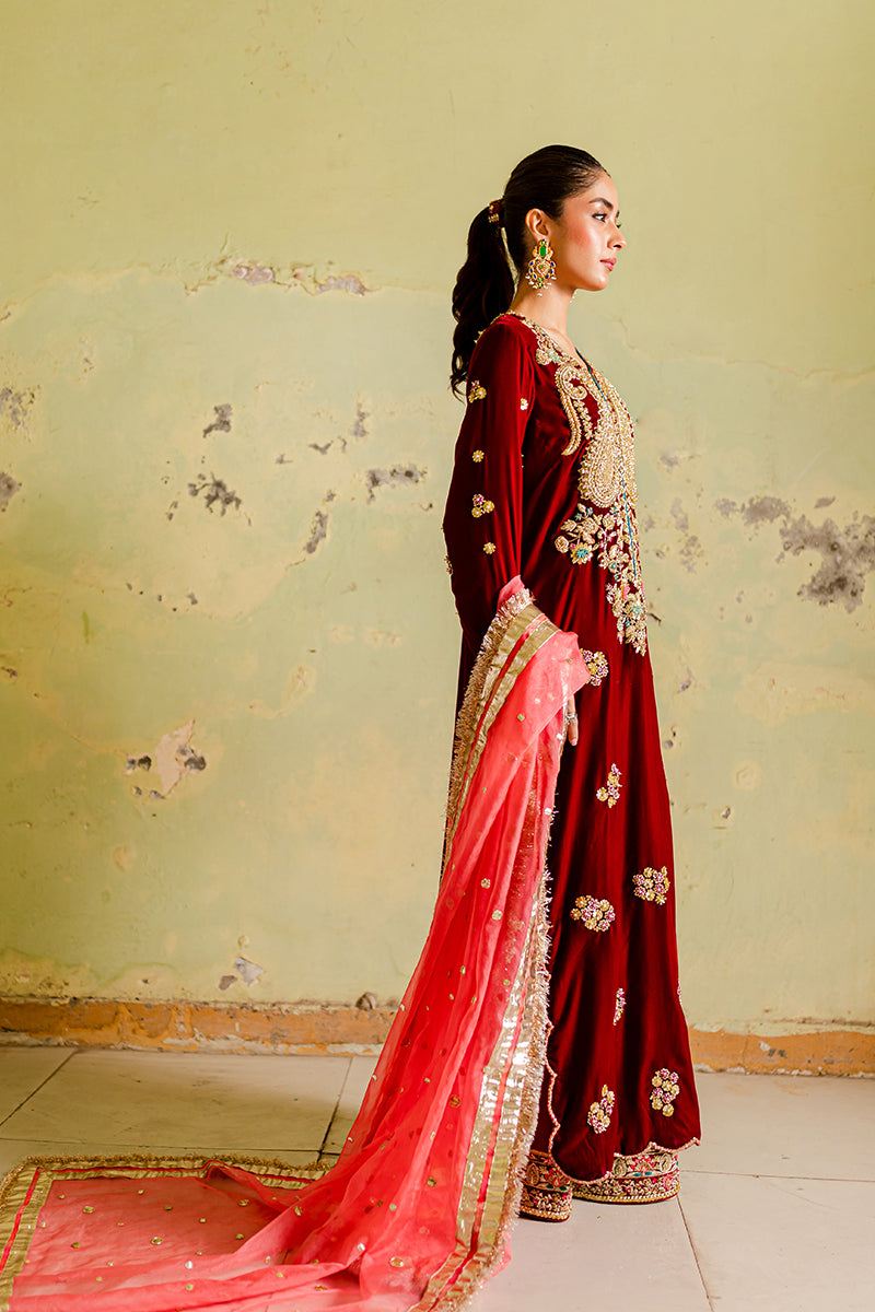 Pakistani Red Velvet Gota Dabka Embroidered Anarkali Dress (3-Piece) - Image 2