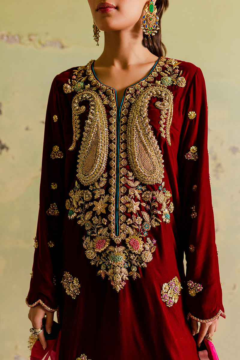 Pakistani Red Velvet Gota Dabka Embroidered Anarkali Dress (3-Piece) - Image 3