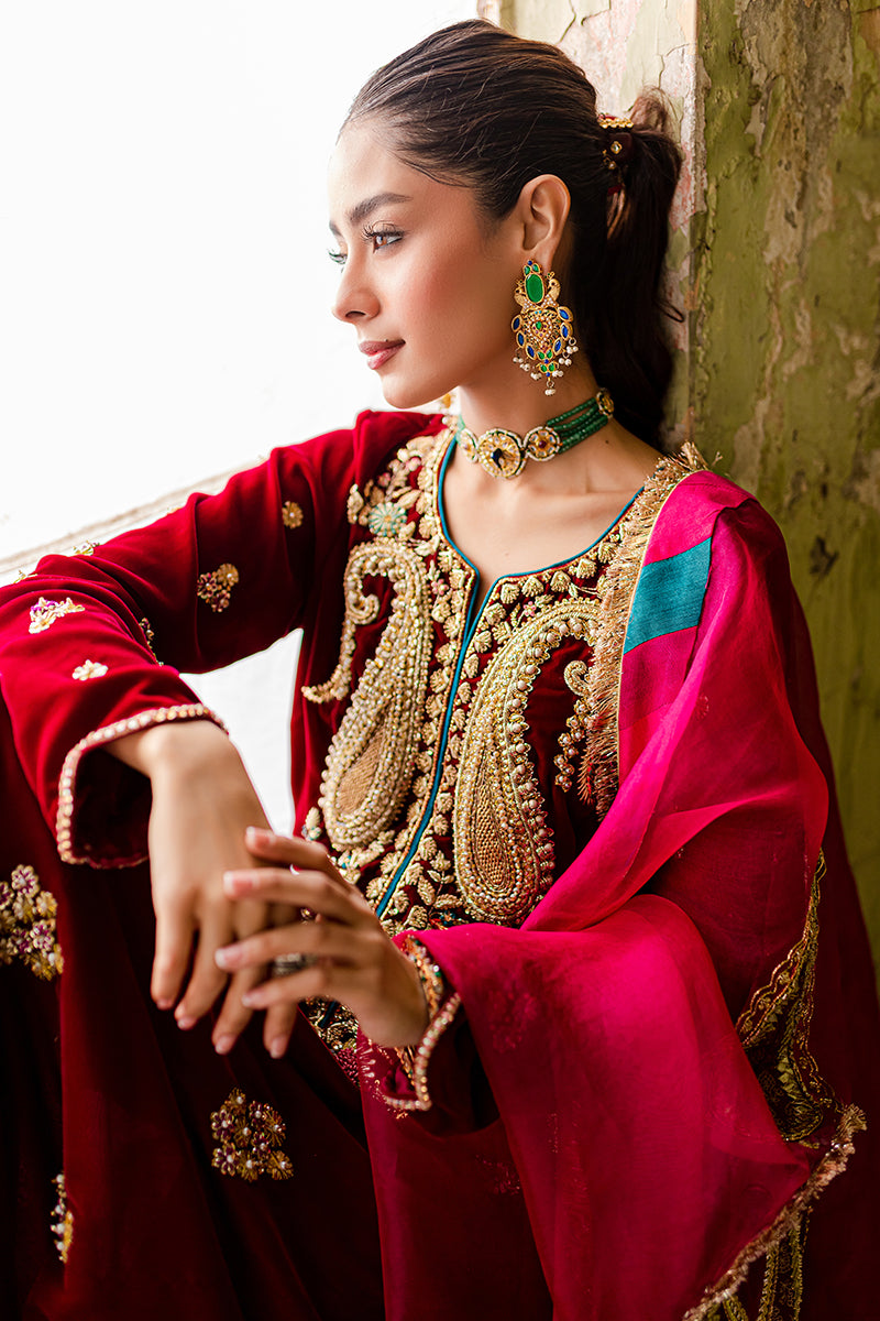 Pakistani Red Velvet Gota Dabka Embroidered Anarkali Dress (3-Piece) - Image 4