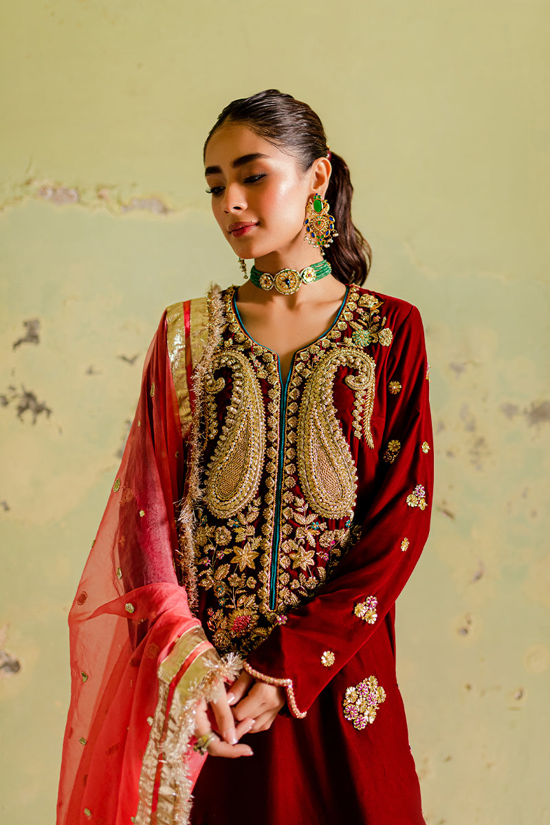 Pakistani Red Velvet Gota Dabka Embroidered Anarkali Dress (3-Piece) - Image 5