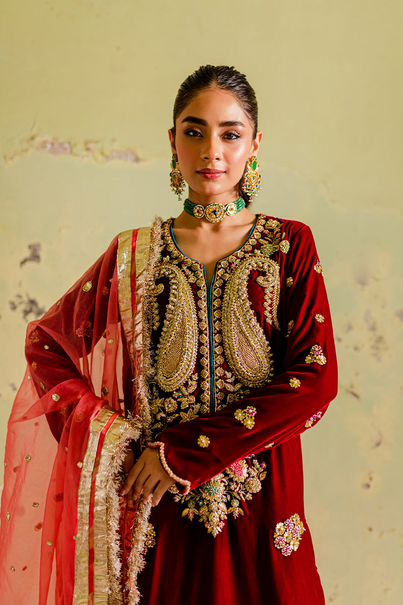 Pakistani Red Velvet Gota Dabka Embroidered Anarkali Dress (3-Piece) - Image 6