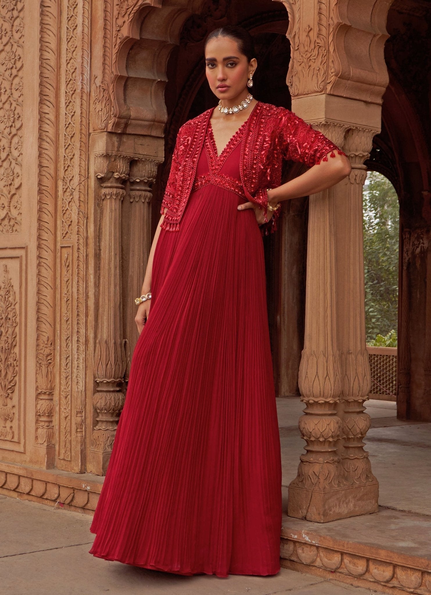 Pakistani Red Sequin Embroidered Georgette Anarkali (3-Piece) - Image 1
