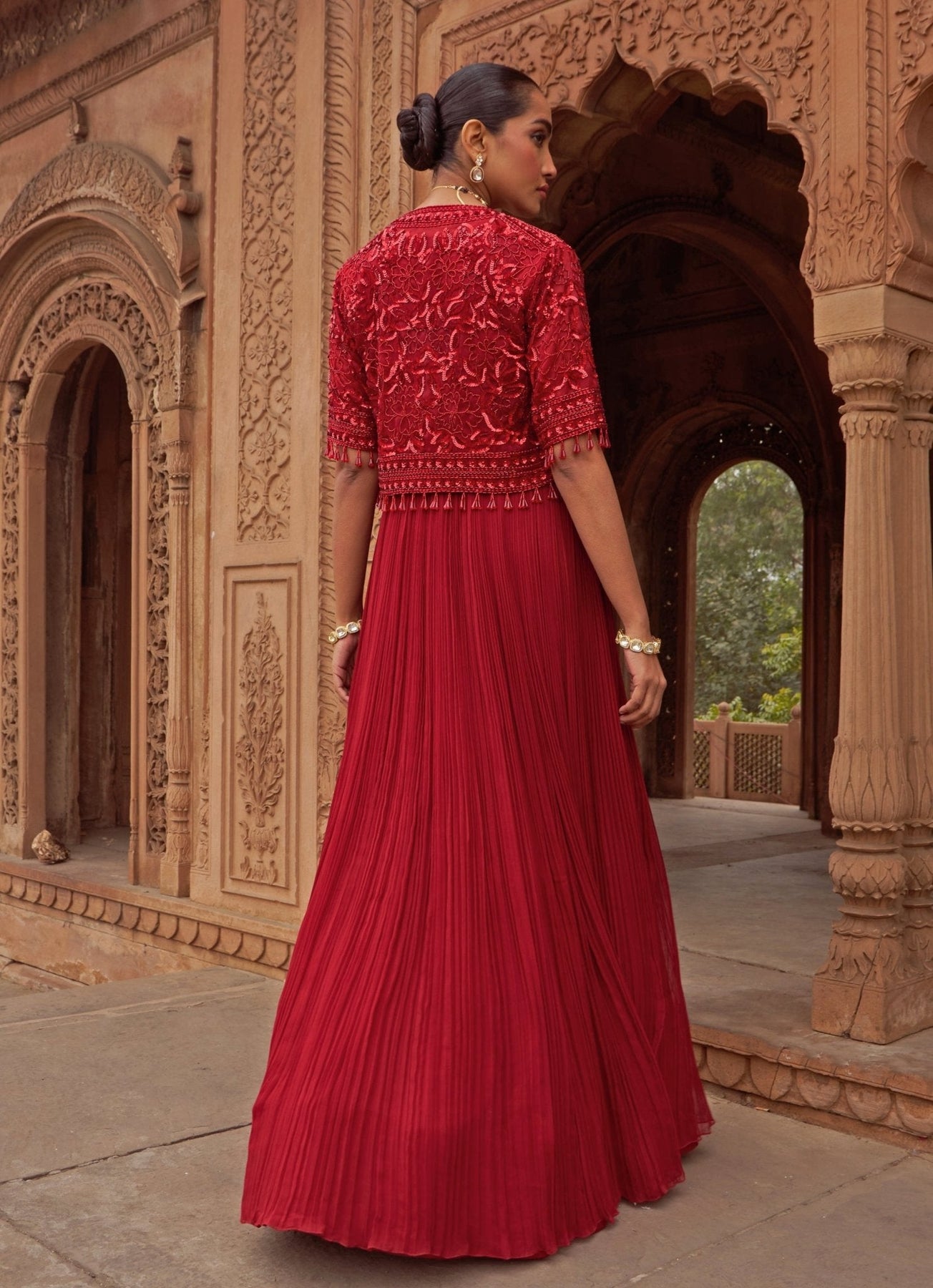 Pakistani Red Sequin Embroidered Georgette Anarkali (3-Piece) - Image 4
