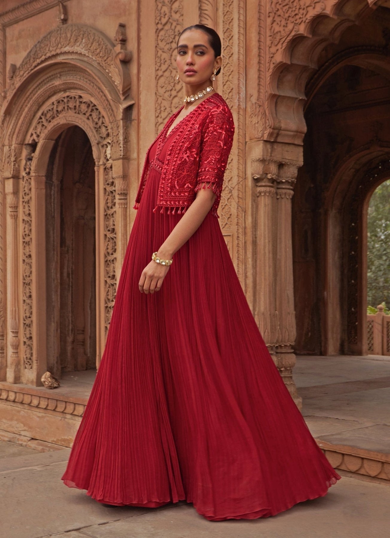 Pakistani Red Sequin Embroidered Georgette Anarkali (3-Piece) - Image 5