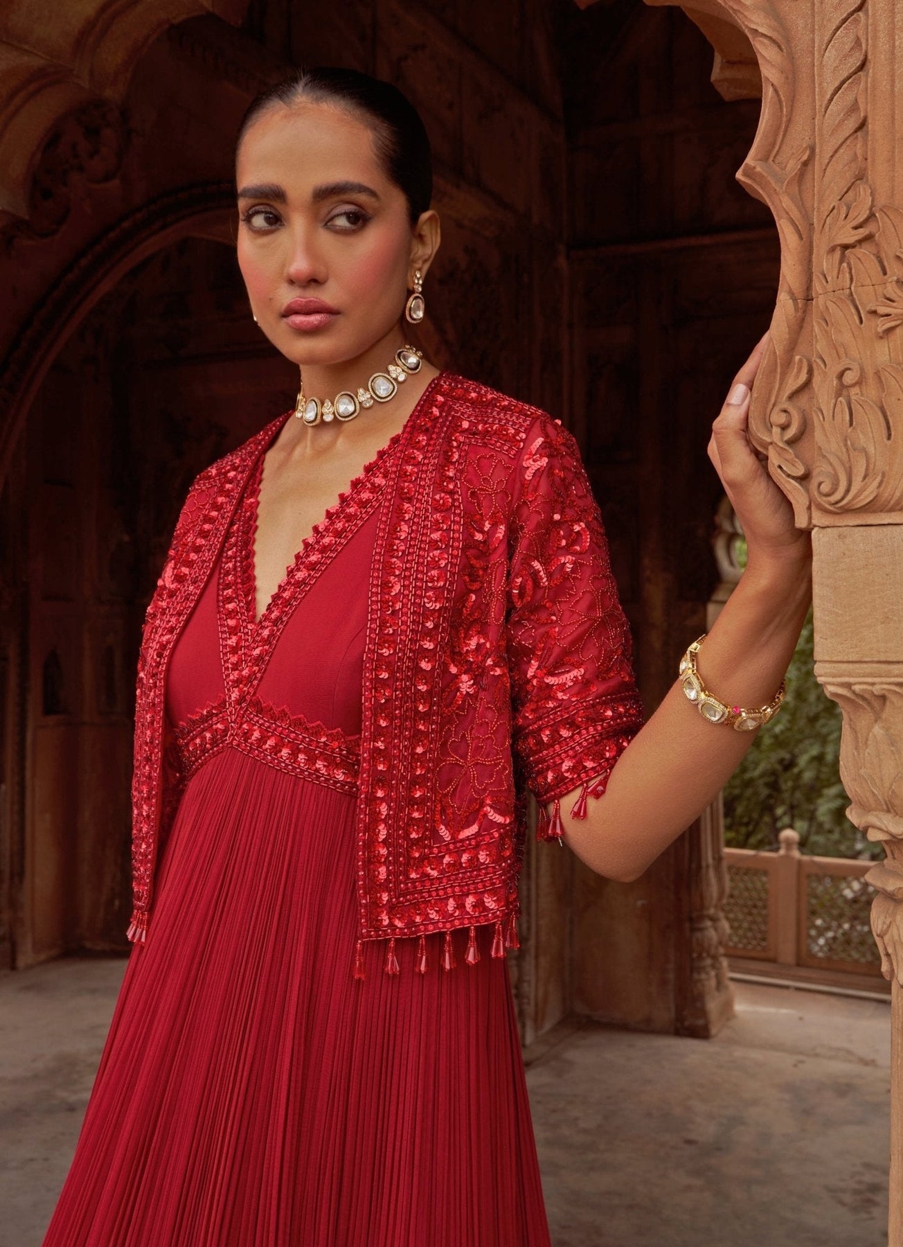 Pakistani Red Sequin Embroidered Georgette Anarkali (3-Piece) - Image 6