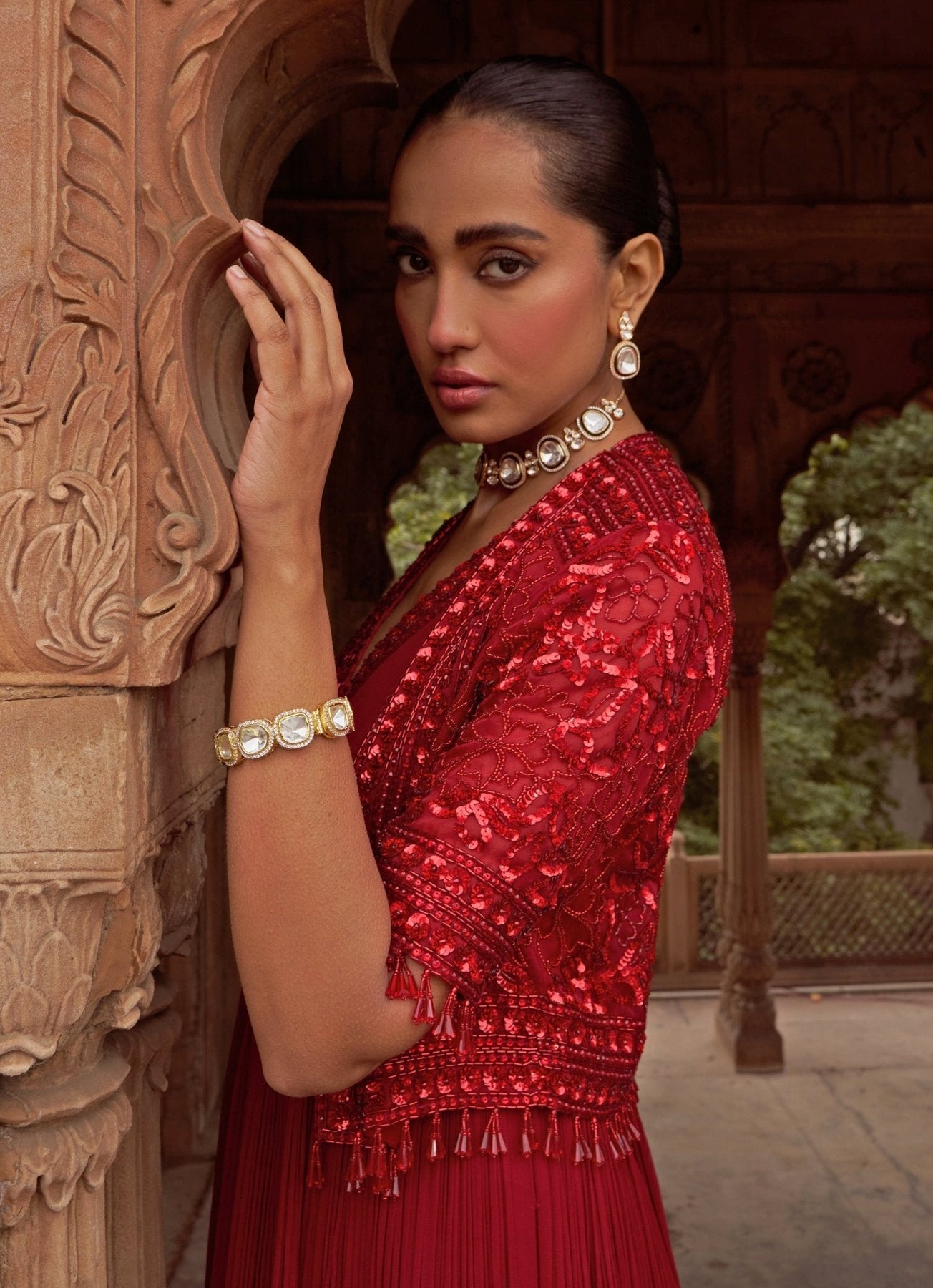 Pakistani Red Sequin Embroidered Georgette Anarkali (3-Piece) - Image 7